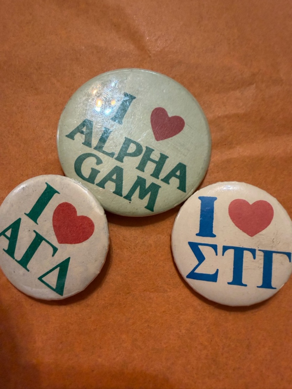 Vintage 'I ♥' Sorority Pin Lot — Alpha Gam, Delta Gamma, Sigma Tau Gamma